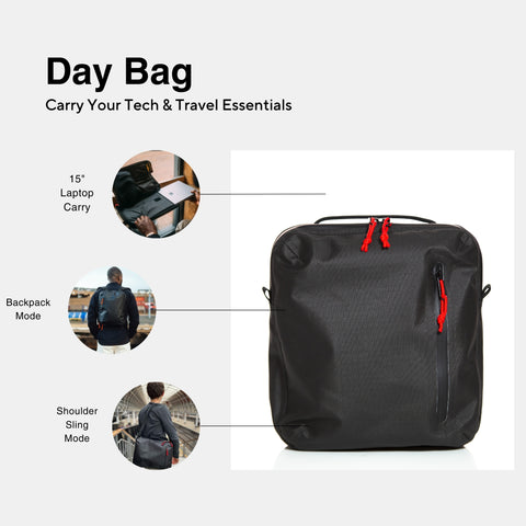 The Tennis Travel Bundle by Cancha features a sleek black day bag with a spacious main compartment accented by red zippers, perfect for carrying a 15-inch laptop. Its convertible design allows you to switch between backpack mode and shoulder sling mode effortlessly, making it an ideal travel accessory for your tech and essentials. Text reads "Tennis Travel Bundle: Carry Your Tech & Travel Essentials.